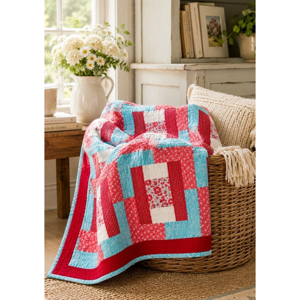 Vintage Handmade Patchwork Quilt 42x52 Red Blue Log Cabin